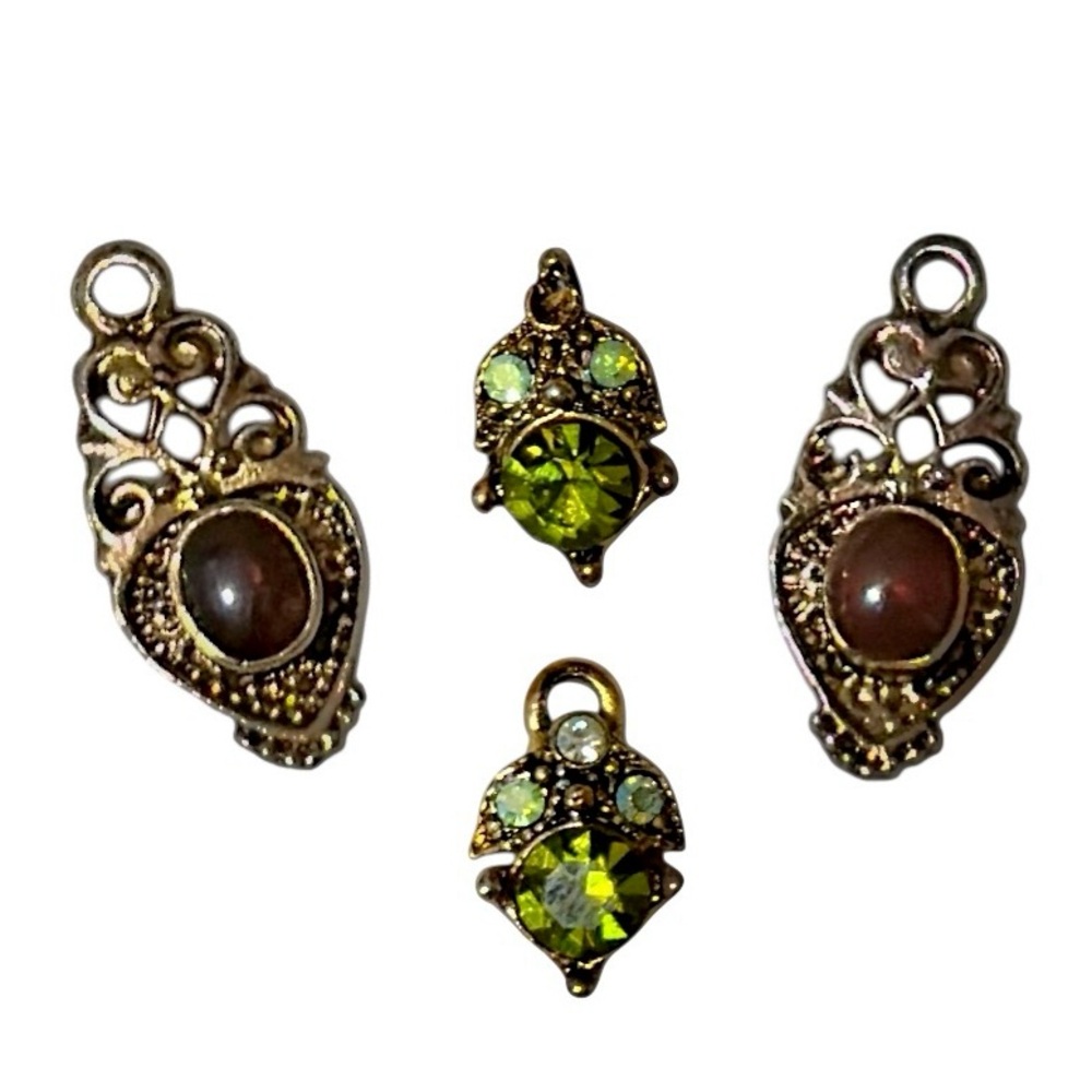 Vintage Rhinestone Cabochon Jewelry Drops Charms Lot Red Green Filigree Pair Set